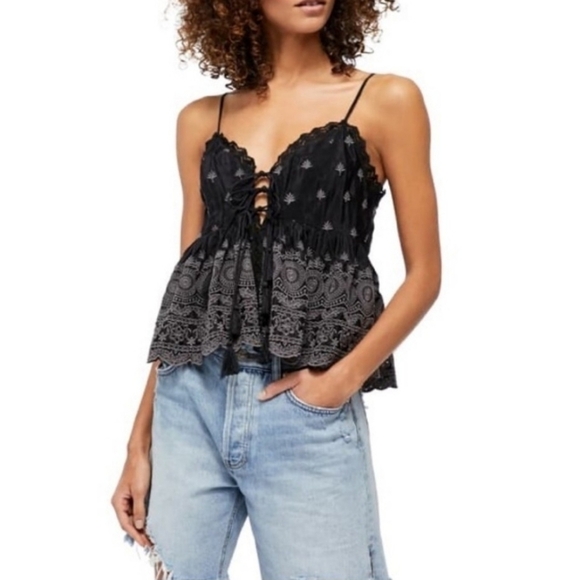 Free People Jenna Embroidered Black Cami Top NWT Size Medium - Picture 4 of 13